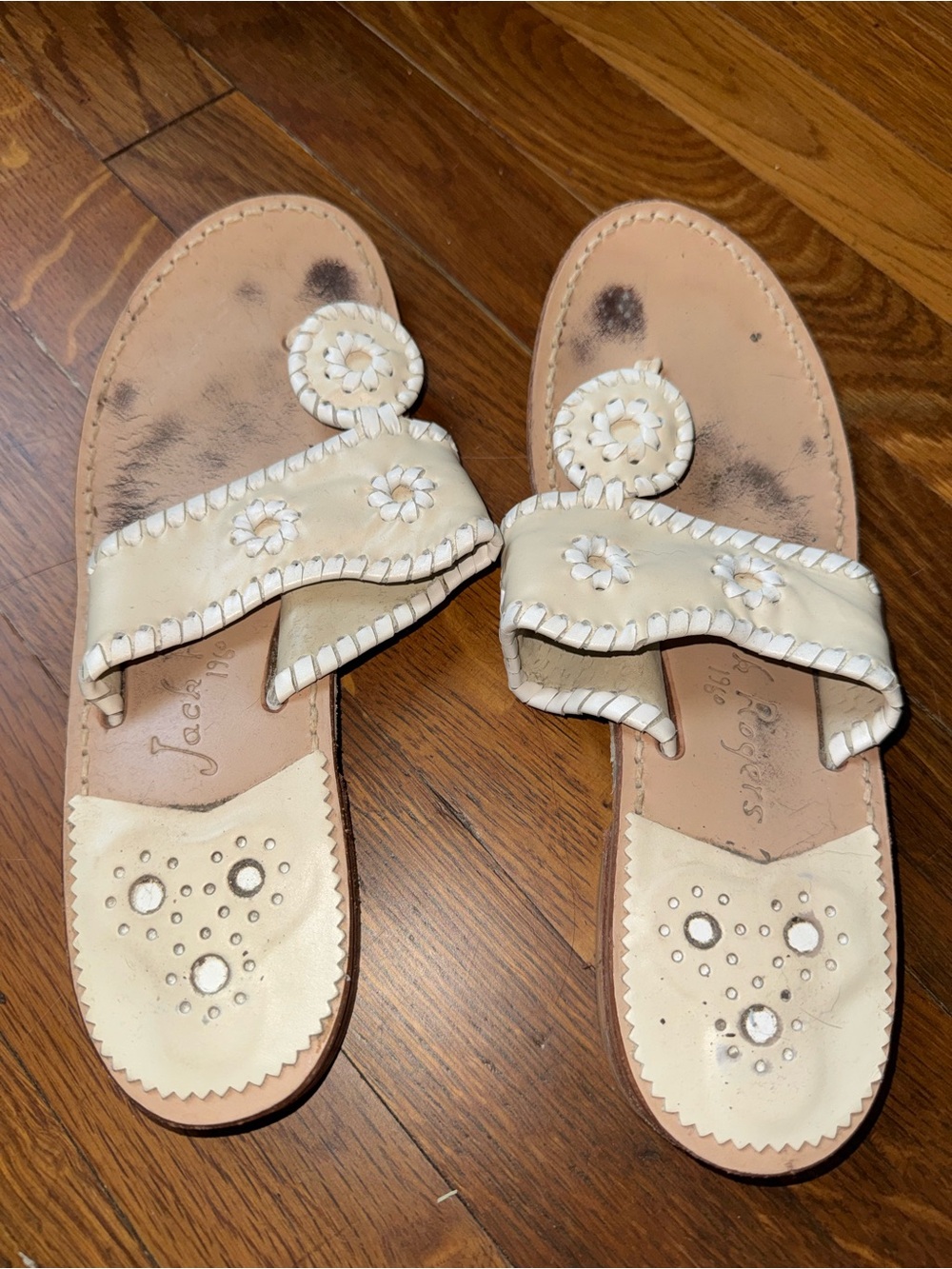 Jack Rogers Cream Floral Leather Slide Sandals
